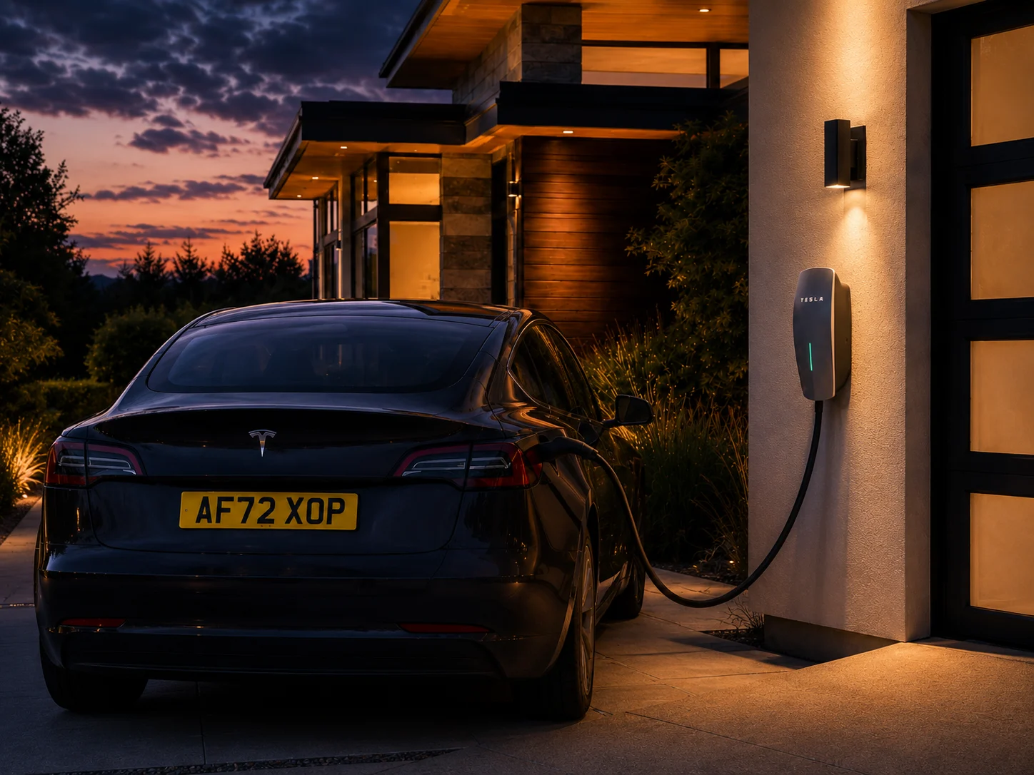 Wall mounted home EV charger installed beside a driveway